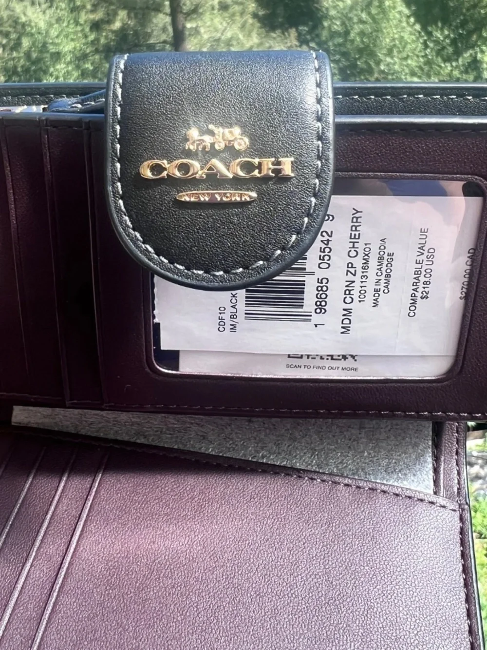 COACH Medium Black Leather Wallet w Red Sequin Cherry Print & Gold Hardware NWT